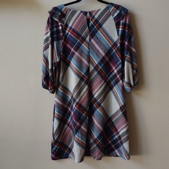 Madison Leigh Plaid Ruffle Shoulder 3/4 Sleeve Swing Dress‎ Sz L - Picture 7 of 12